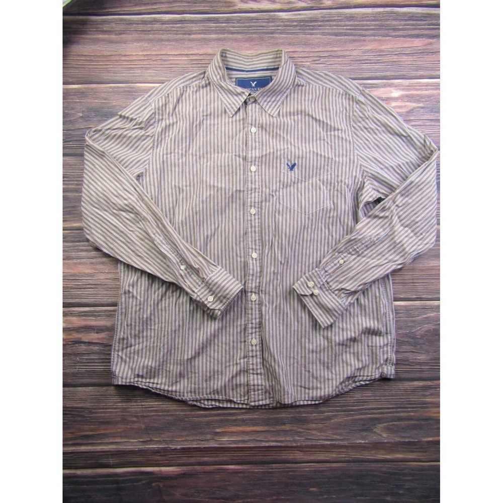 American Eagle Mens Size XL Brown White Striped‎ Button Down Dress Shirt